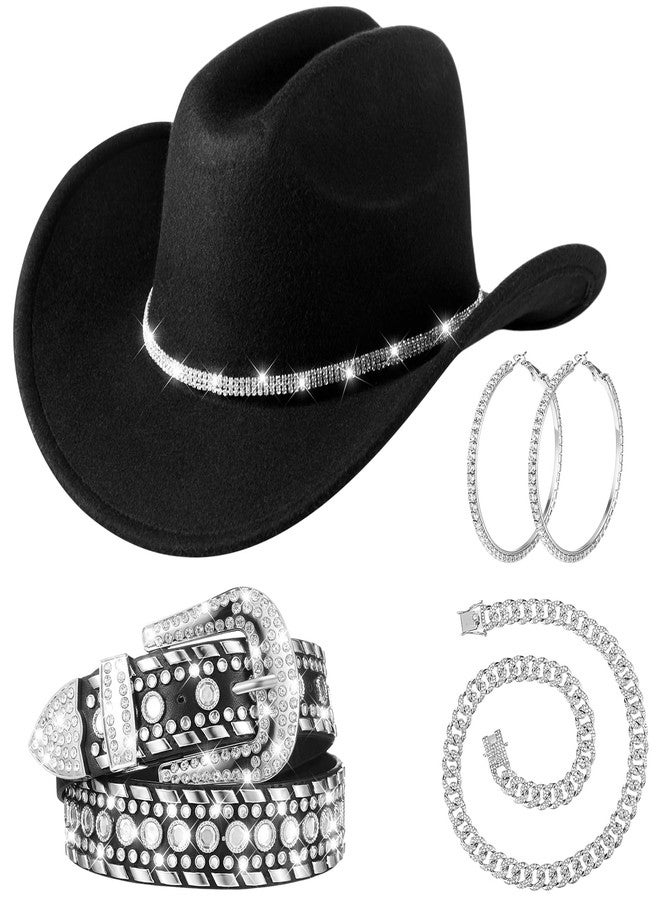 Tisancy 4 Pcs Rhinestone Belt for Men Women Glitter Cowboy Hat Diamond Chain Earring Outfit for Party Supplies(Black) - Image 1